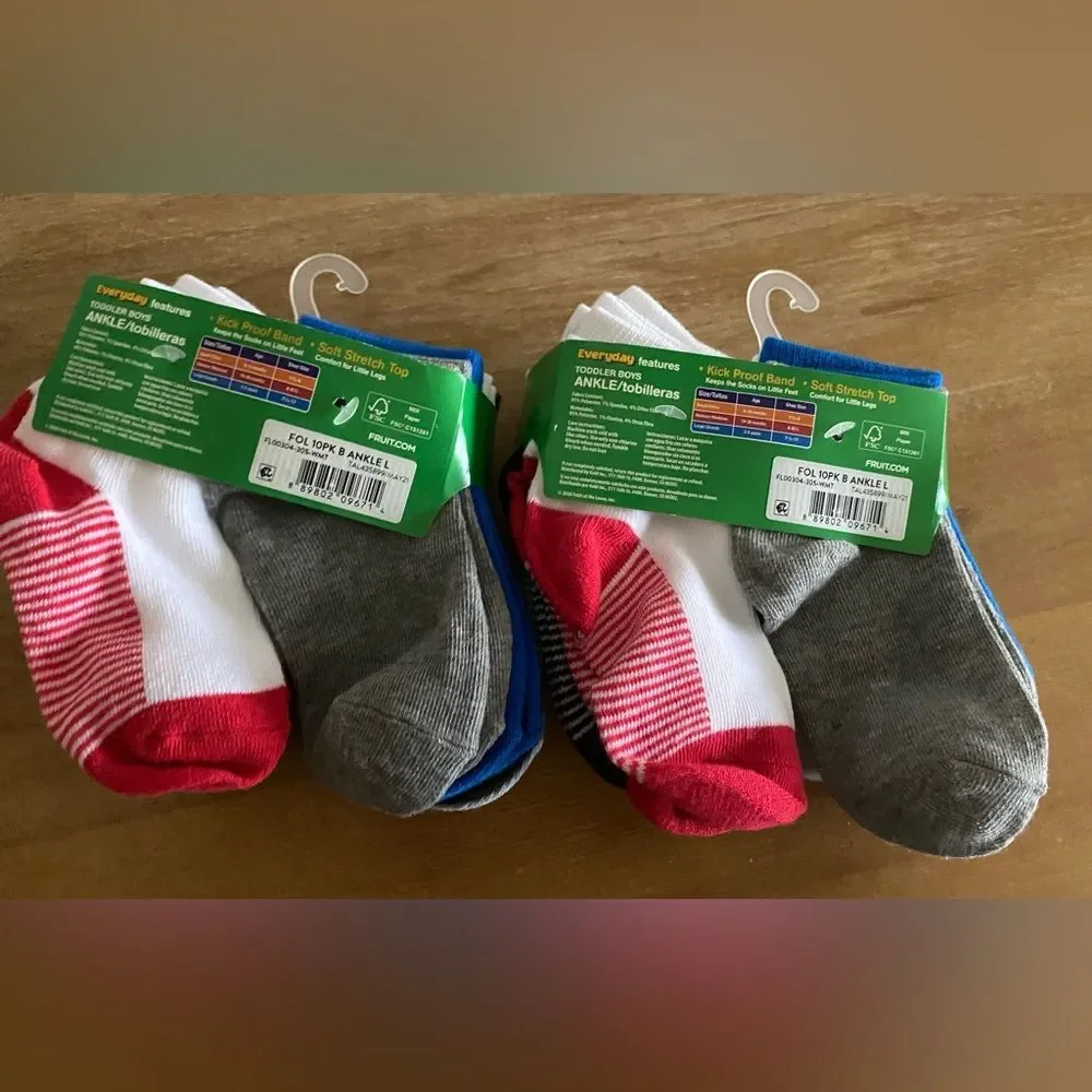 Fruit of the Loom Toddler Boy Ankle Socks 3-5 years shoe size 7.5-11t 20 pairs